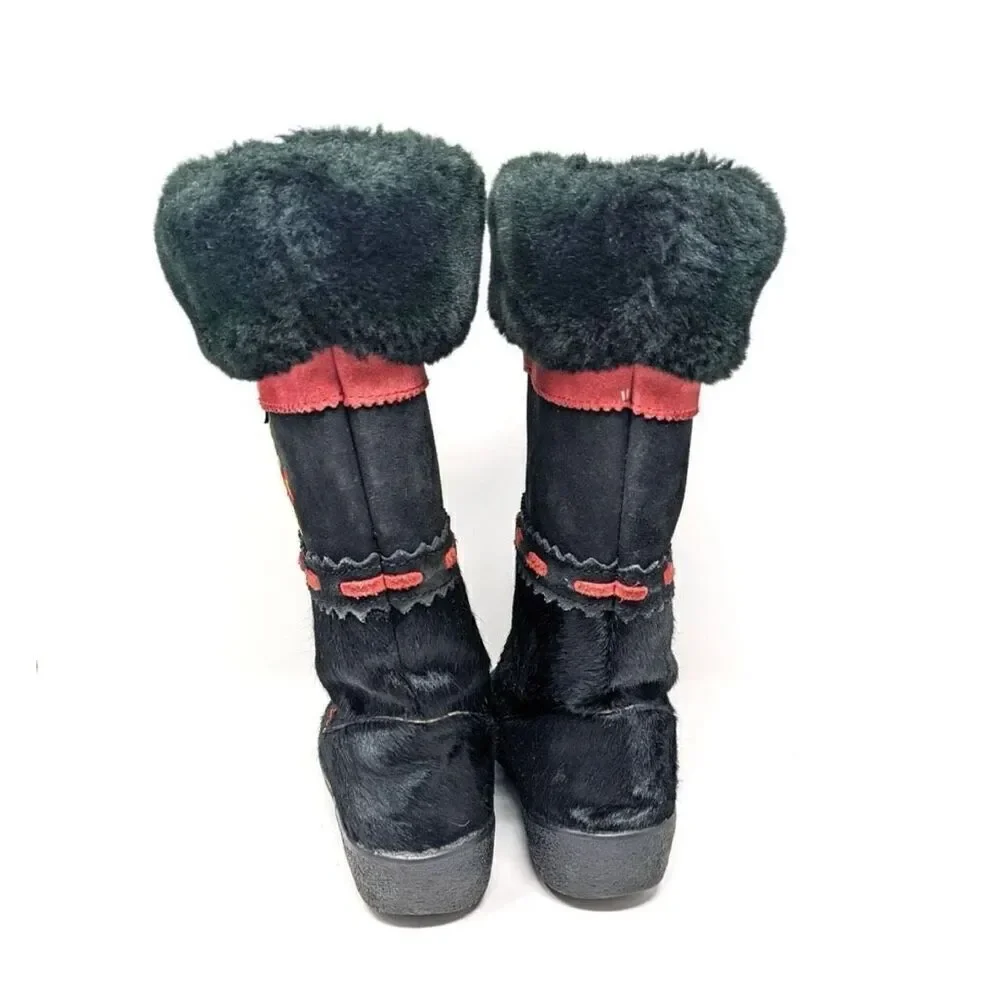 Oscar Sport Women's 39 Tribal Fur Leather Boots Black Red Nordic Winter Cozy